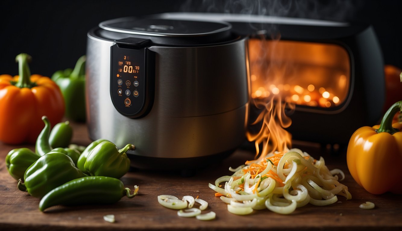 Fresh peppers and onions sizzle in the air fryer, emitting a savory aroma as they cook to perfection