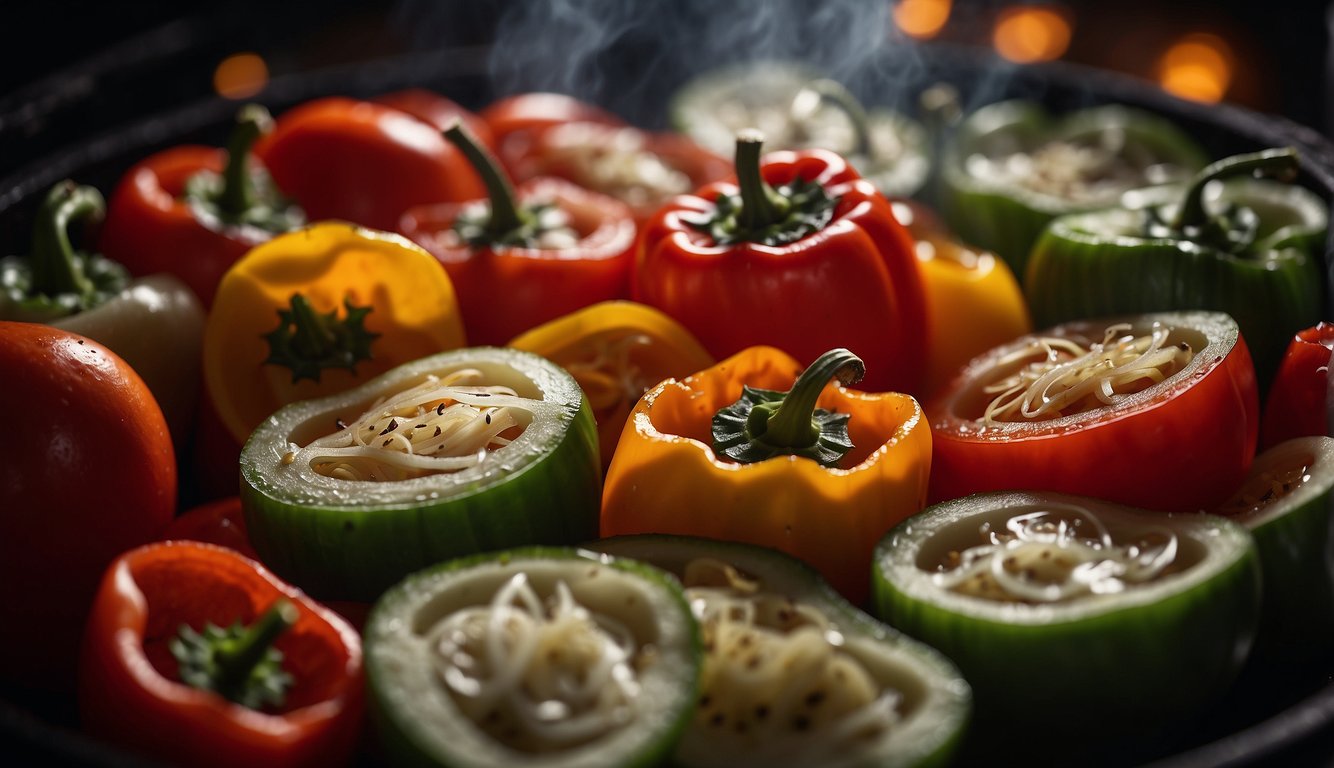 Sliced peppers and onions sizzle in an air fryer. Smoke rises as they cook, creating a savory aroma