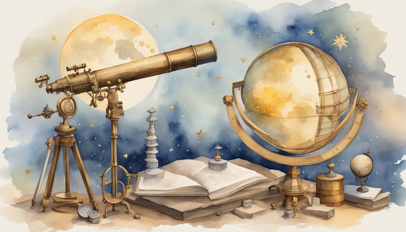 Galileo's telescope observing the moon and stars, with scientific instruments and astronomical charts scattered around