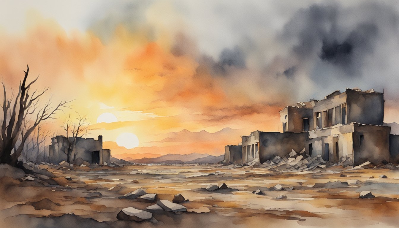 A barren, desolate landscape with crumbling buildings and a fiery sky, depicting the aftermath of a catastrophic event