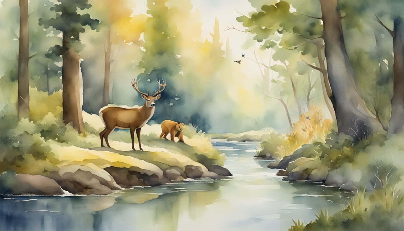 Animals interacting in a forest: deer grazing, birds nesting, squirrels gathering food, and a bear fishing in a stream