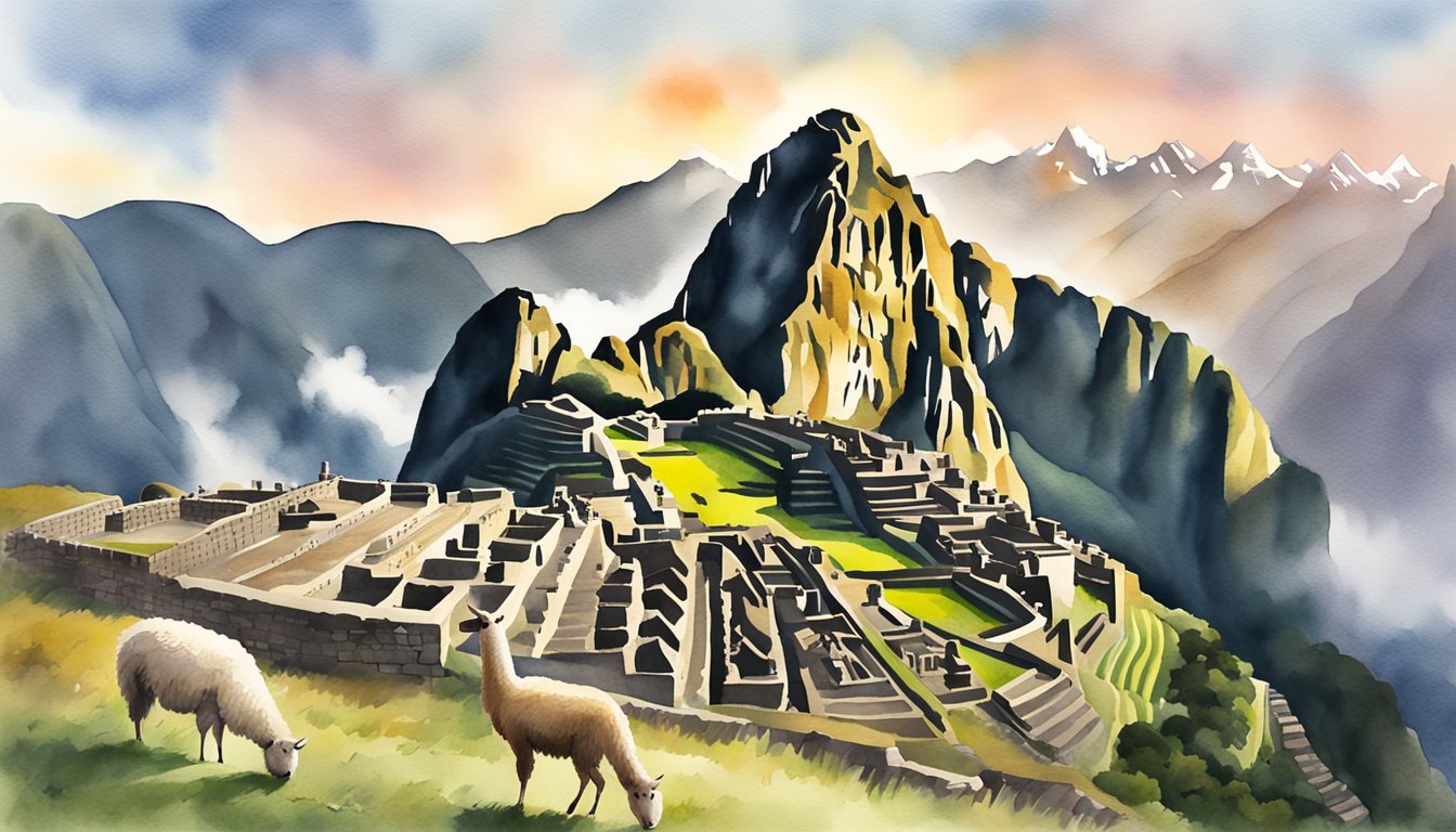 Sunrise over Machu Picchu, with misty mountains and ancient ruins.</p><p>Llamas graze in the foreground as tourists explore the Incan citadel