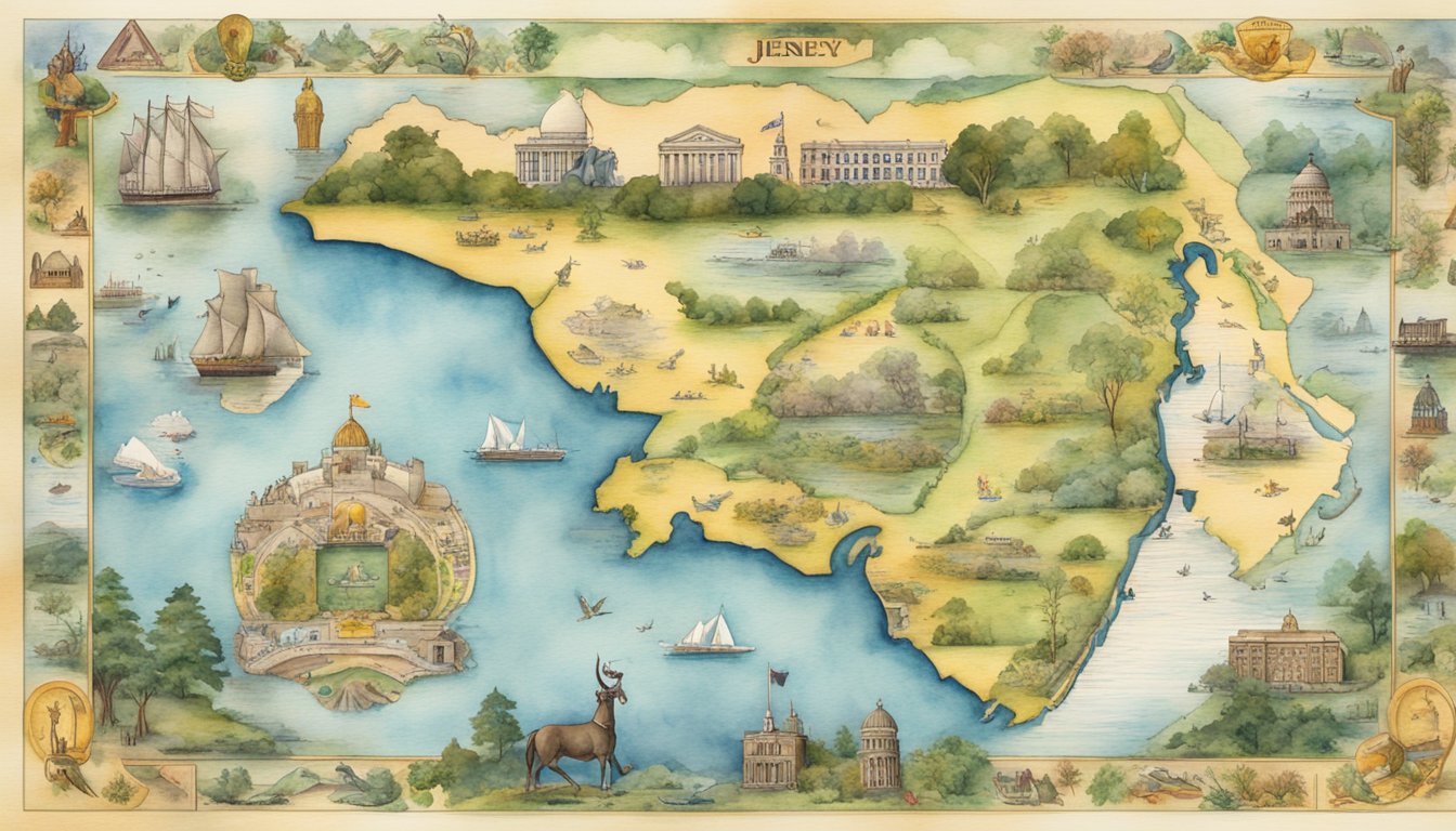 A map of New Jersey surrounded by iconic symbols such as the state flag, the state bird, and the state flower.</p><p>The map is bordered by images of the state's diverse landscape and notable landmarks