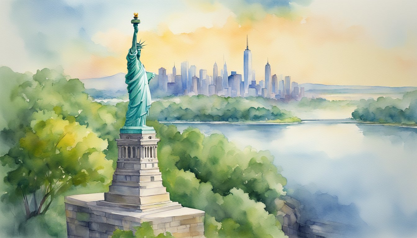 The Statue of Liberty stands tall against the New York City skyline, while the scenic Delaware Water Gap cuts through the lush landscape of western New Jersey