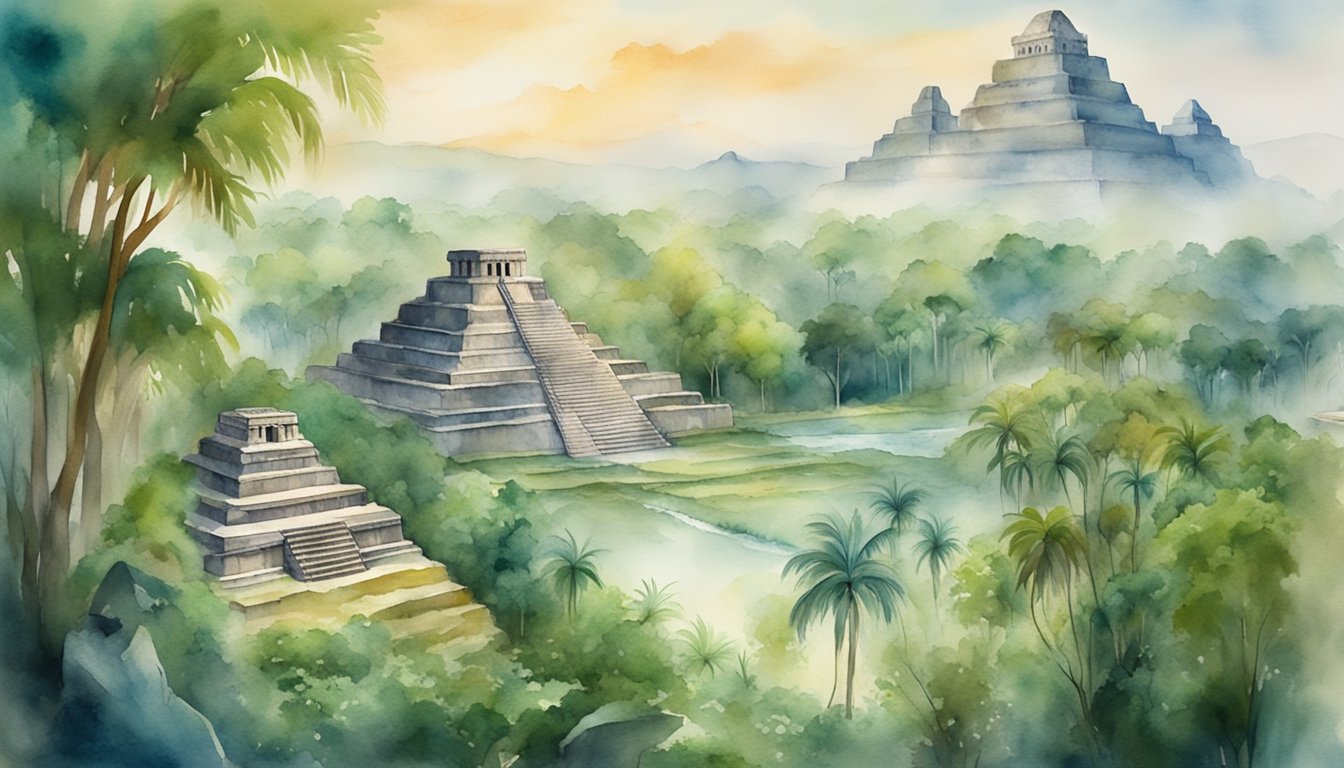 Lush jungle with ancient Mayan pyramids and temples, surrounded by flowing rivers and abundant wildlife