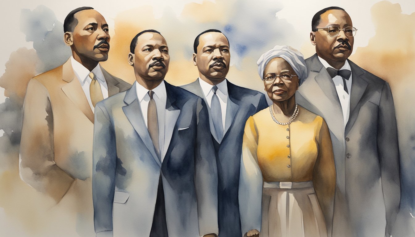 A group of iconic figures, including Harriet Tubman, Martin Luther King Jr., and Maya Angelou, stand together, representing the strength and resilience of famous African Americans