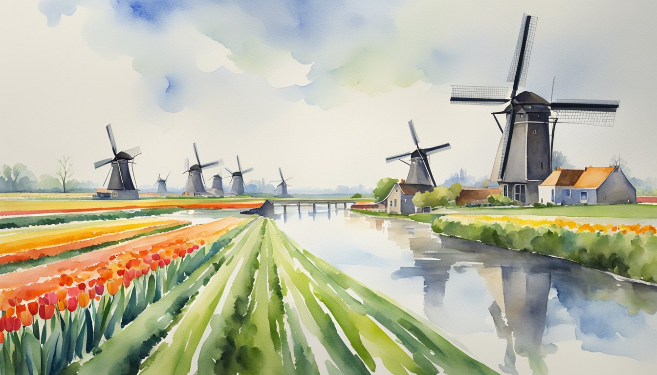 The scene depicts windmills in a flat, green landscape with tulip fields and canals, showcasing the cultural and economic aspects of the Netherlands