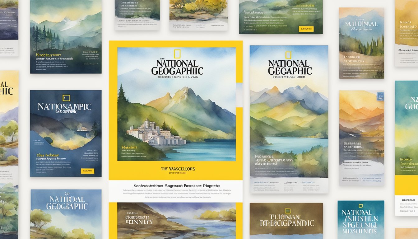 A stack of National Geographic magazines with a banner showcasing subscription options and benefits