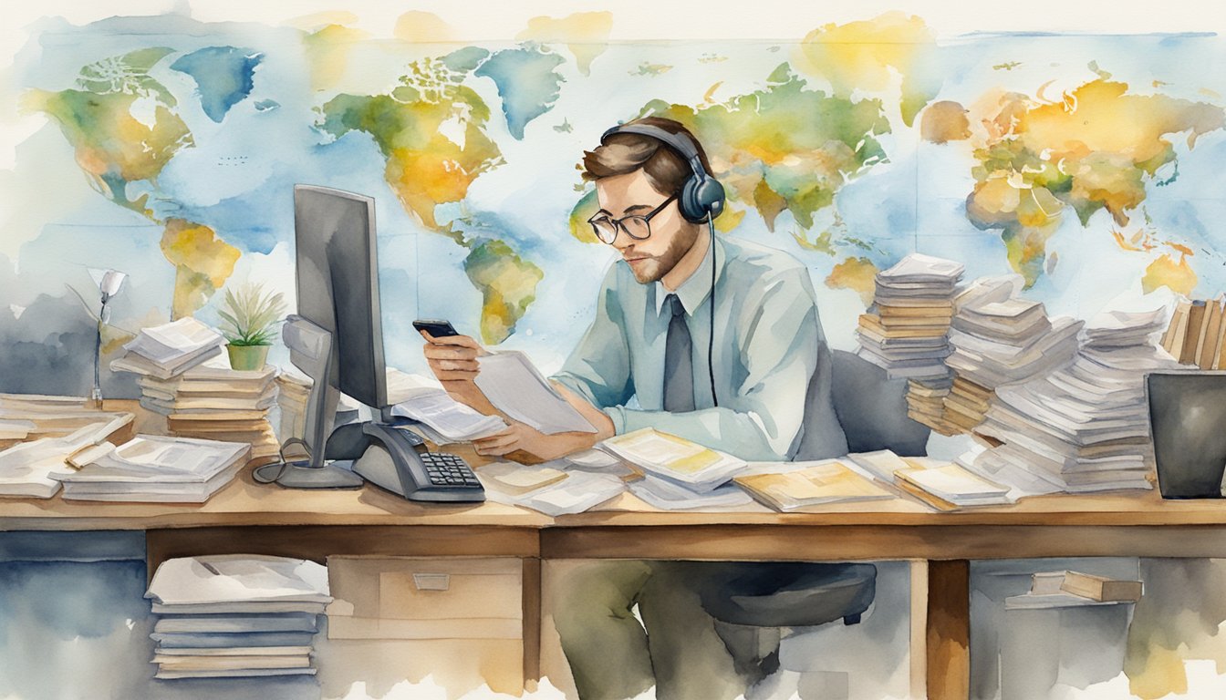 A person answering phone calls and emails, surrounded by maps, books, and a computer, assisting customers with National Geographic subscription inquiries