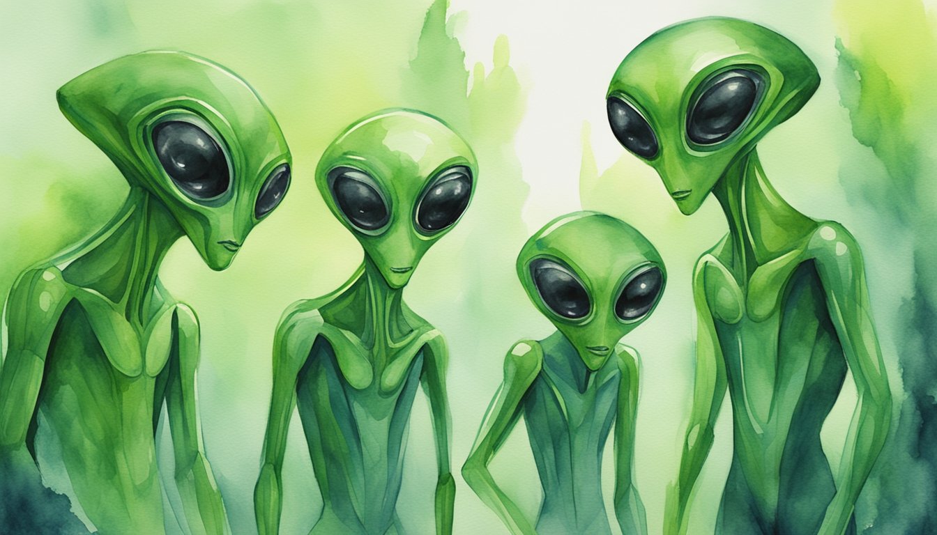 Aliens are depicted as green, slimy creatures with large, black eyes.</p><p>They are often shown in UFOs, with advanced technology and a mysterious, otherworldly presence