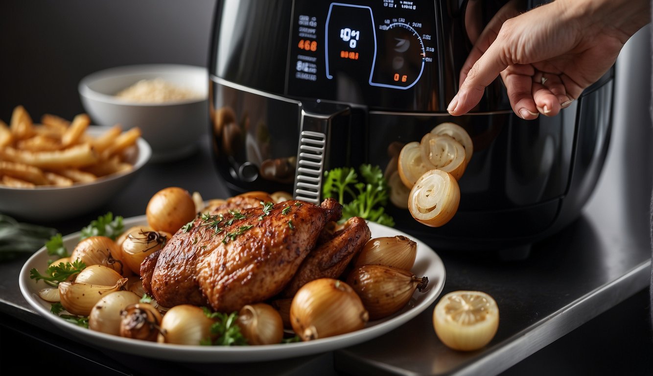A hand reaches for liver, onions, and seasoning next to an air fryer