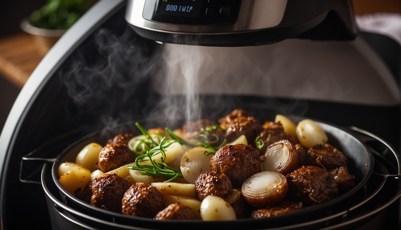 Liver and onions sizzle in an air fryer, steam rising, as the aroma of savory cooking fills the kitchen