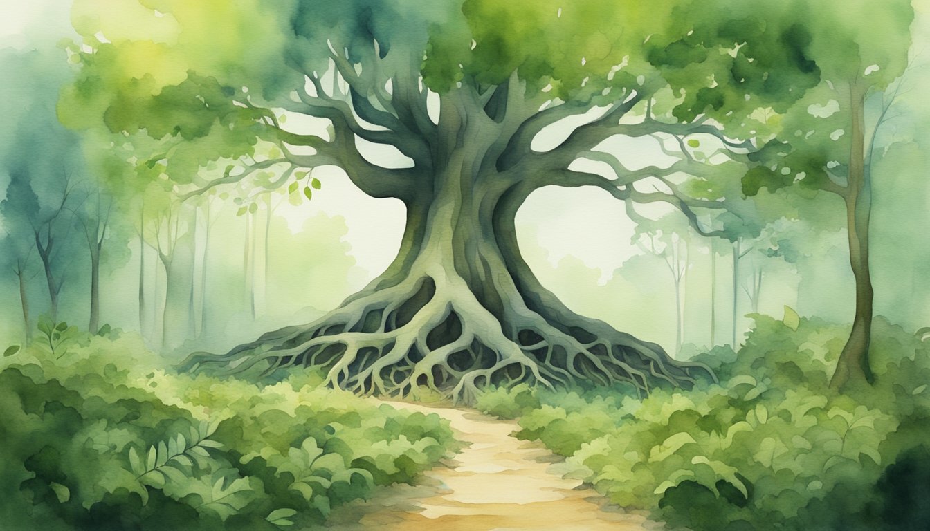 A towering tree with roots shaped like feet, walking across a lush forest, symbolizing nature's resilience and connection to human culture