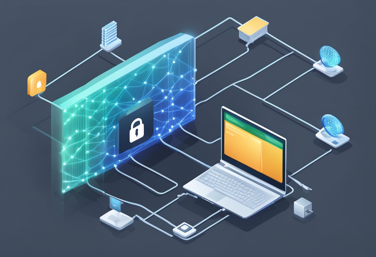 A computer network connecting to a secure virtual private network (VPN) server, with data encrypted and transmitted securely over the internet