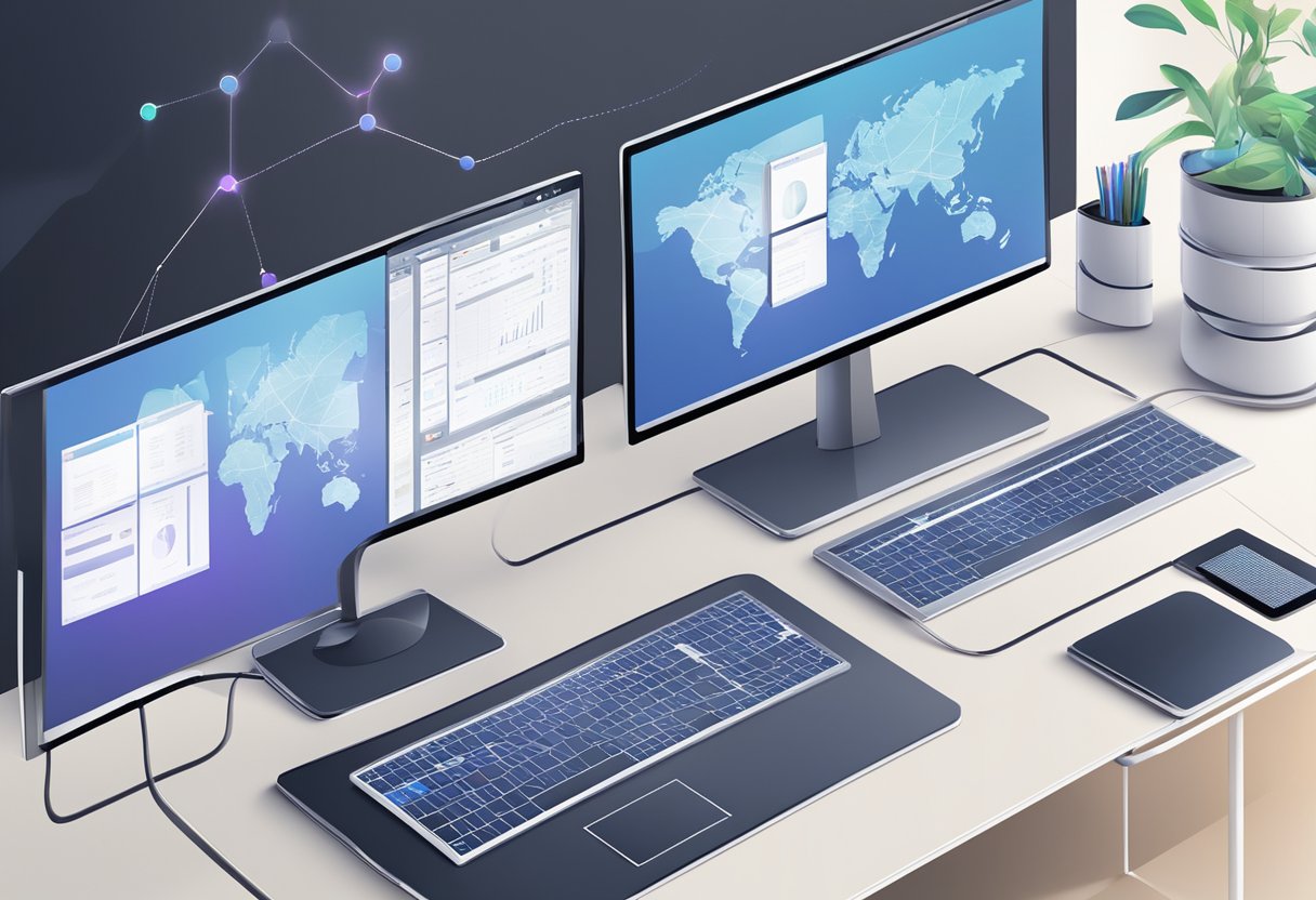 A sleek, modern computer with multiple screens displaying data and graphs. A network of interconnected lines and nodes symbolizing the evolution of VPN technology