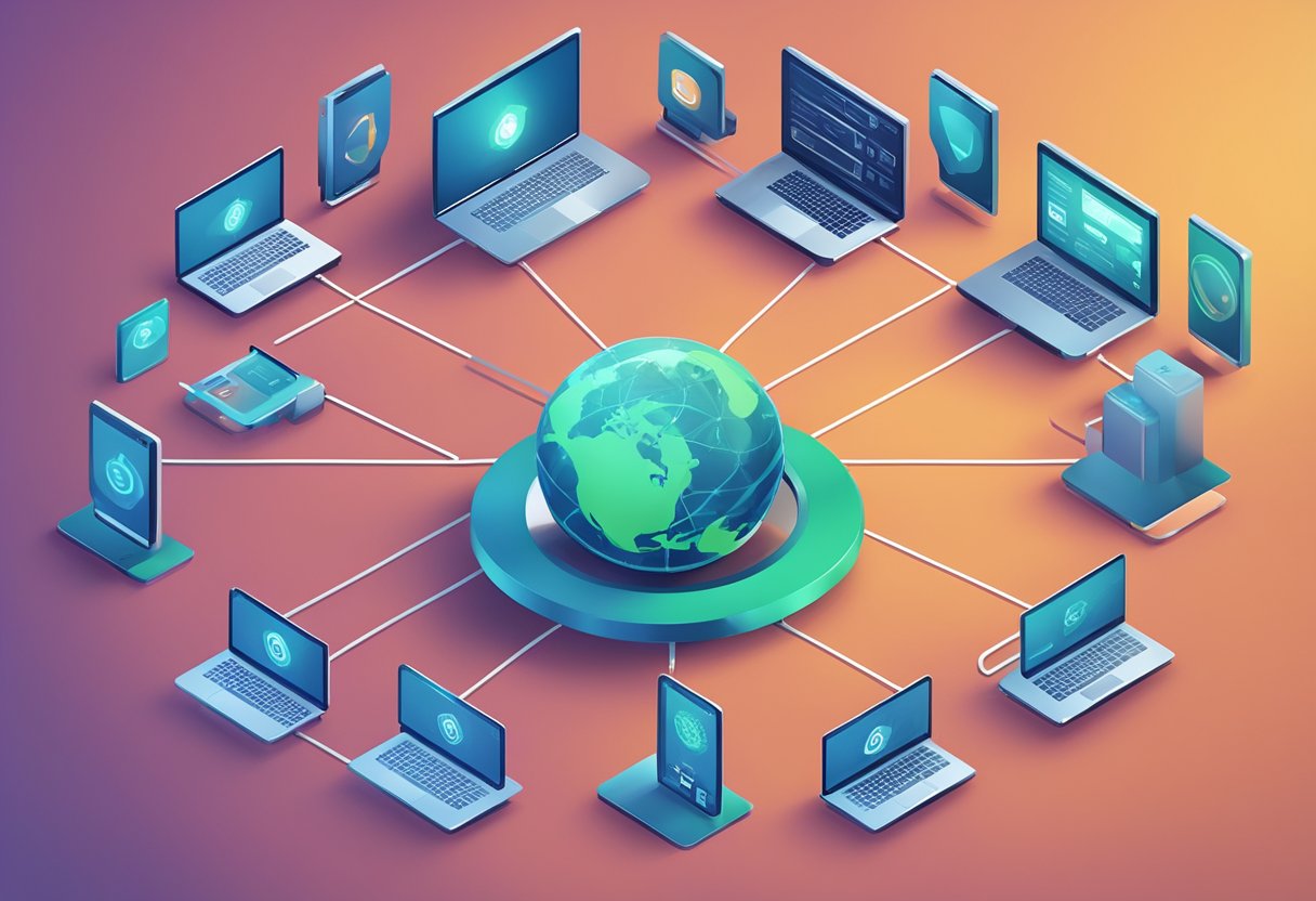 An illustration of VPN industry trends: digital devices connected through secure network, data encryption, and evolving technology