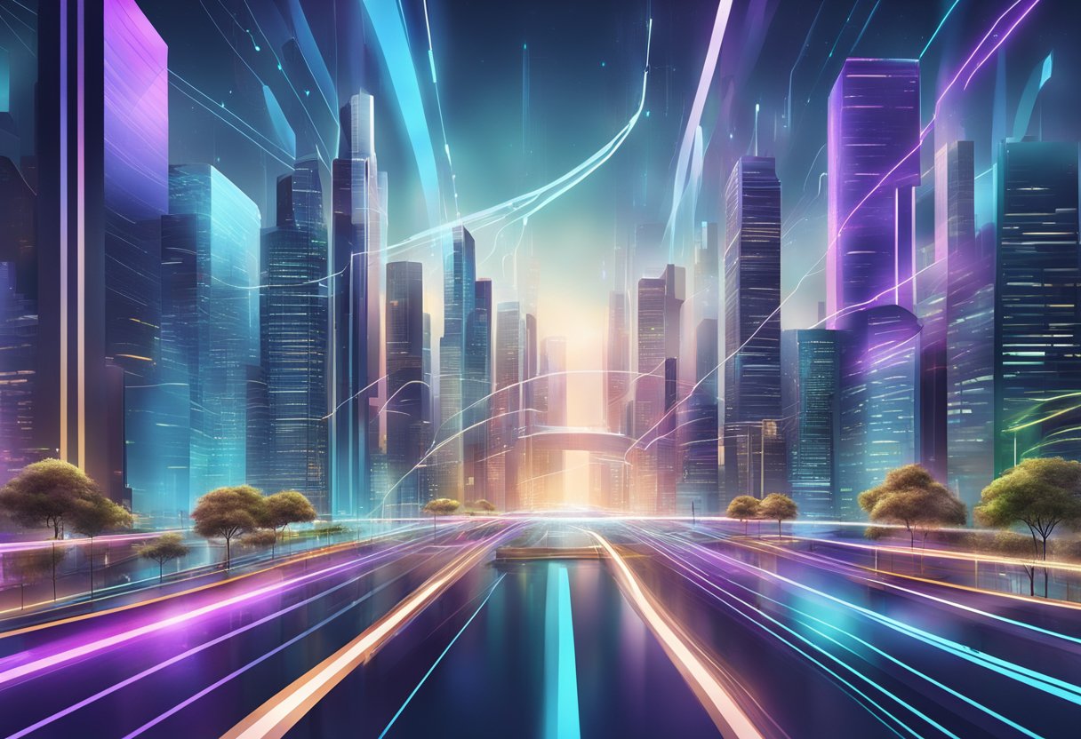 A futuristic cityscape with data streams flowing between interconnected buildings, showcasing the evolution of VPN technology