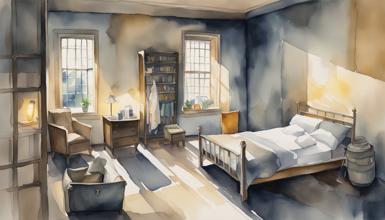 A dimly lit room with barred windows, a bed with restraints, and scattered personal items