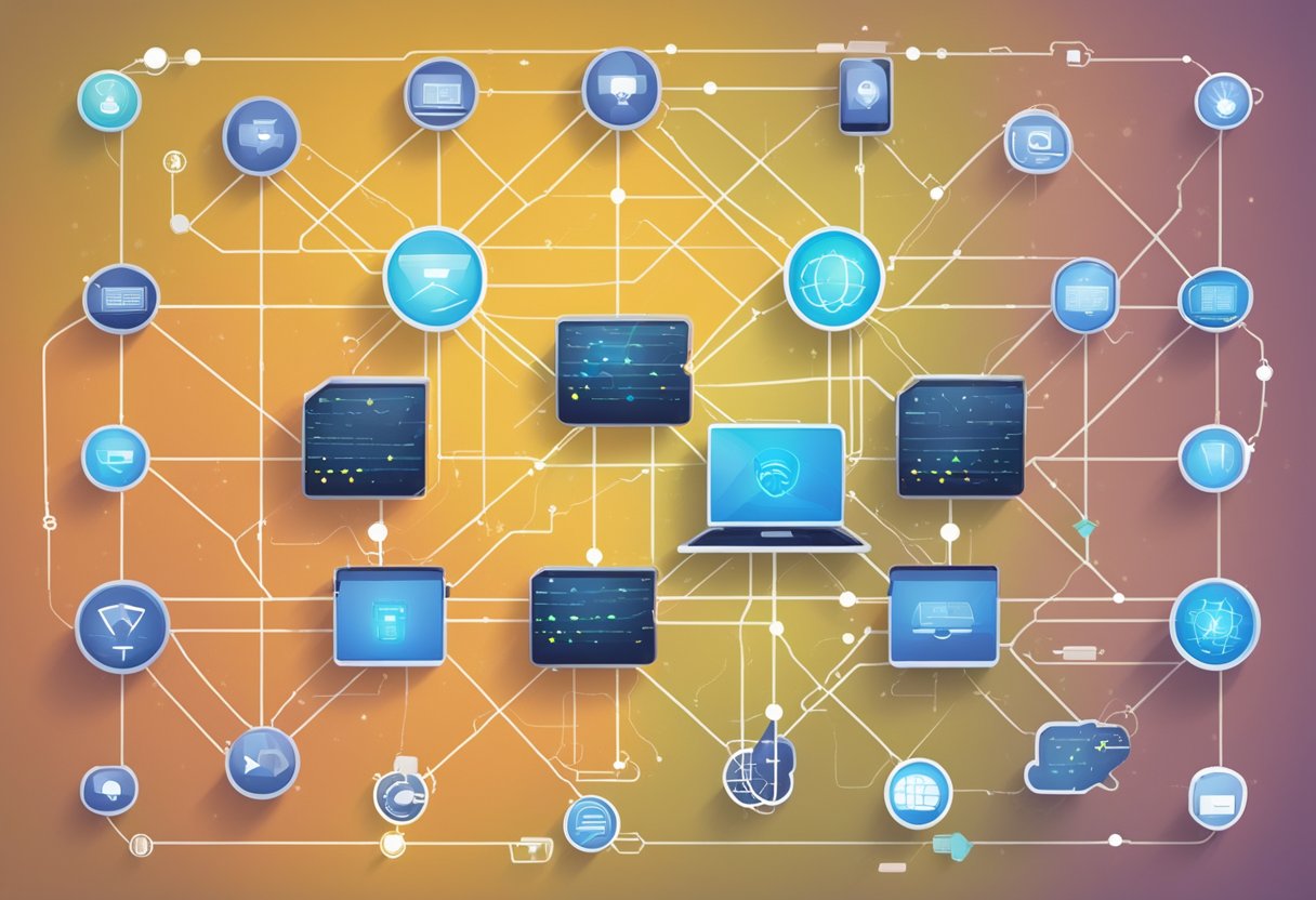 A network of interconnected devices with VPN technology evolving over time, depicted through changing symbols and connections