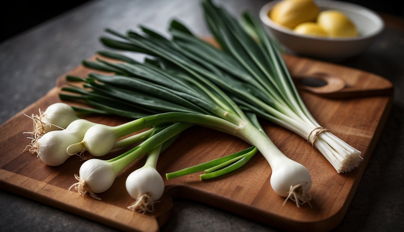 Green onions on a cutting board, next to a keto diet guidebook