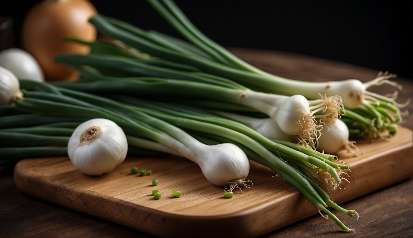 Green onions, with their long green stalks and white bulbs, are arranged on a cutting board next to a nutrition label and a keto-friendly symbol