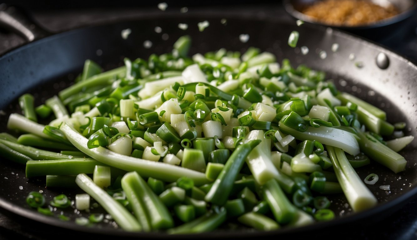 Green onions being chopped and sprinkled onto a sizzling skillet of keto-friendly stir-fry