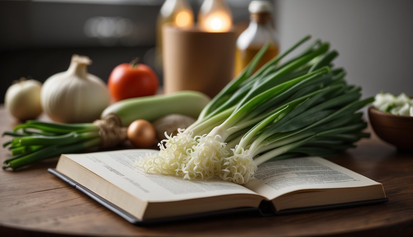 A pile of green onions next to a keto diet book, with a question mark hovering over them