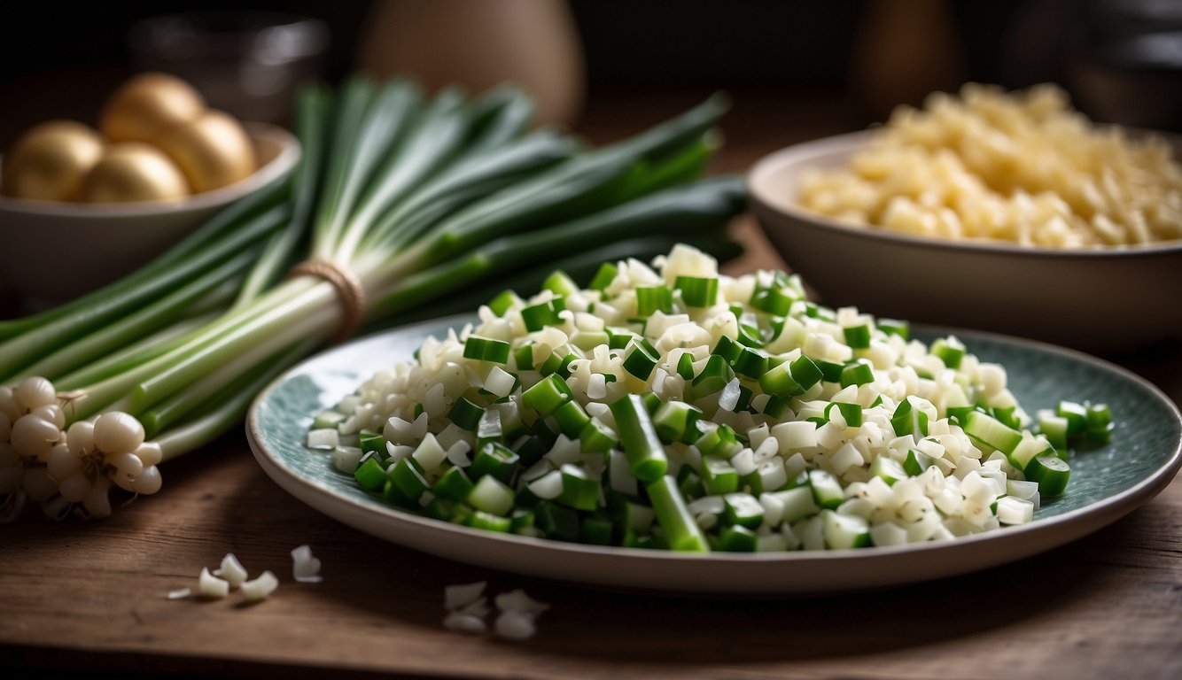 A pile of green onions next to a plate of keto-friendly foods, with a ketogenic cookbook open in the background