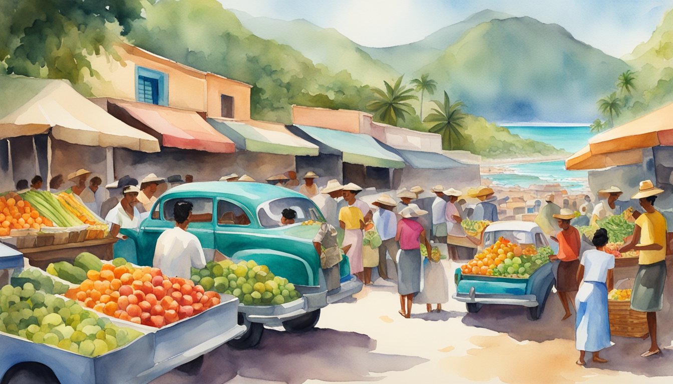 A bustling Cuban market with colorful produce, lively music, and vintage cars against a backdrop of lush mountains and pristine beaches