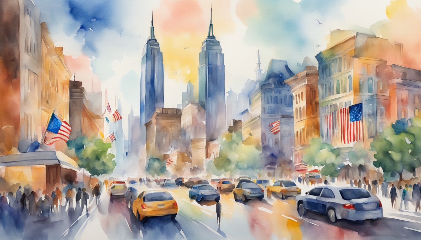 Diverse city skyline with iconic landmarks, flags, and symbols of democracy and freedom.</p><p>Vibrant colors and bustling streets showcase the cultural and political landscape of North America