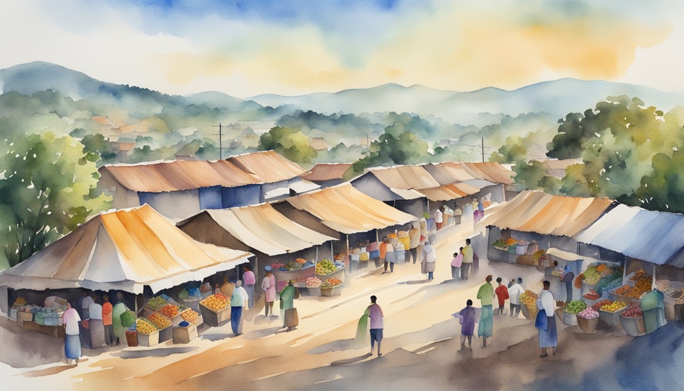 A bustling marketplace with vendors selling goods, surrounded by diverse communities and traditional homes in the Honduran countryside