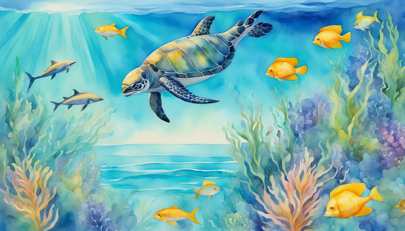 Colorful fish swim among waving sea plants in the water column, while graceful sea turtles and sleek dolphins glide through the clear blue water