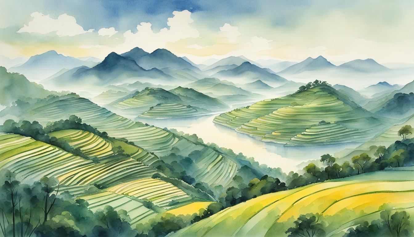 Rolling hills, terraced rice paddies, and winding rivers create a picturesque landscape in China.</p><p>Mountain ranges loom in the distance, while lush forests and sprawling plains cover the land