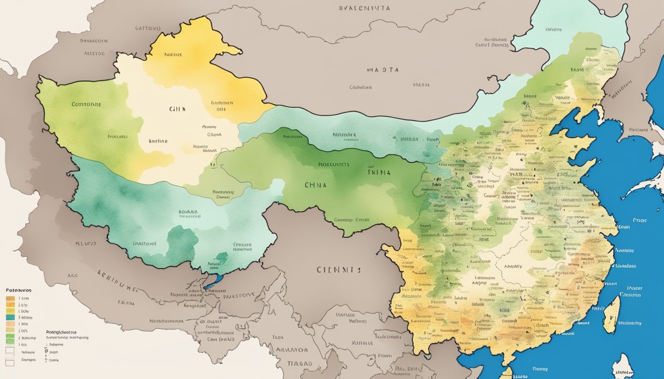 A map of China with labeled regions and population density data