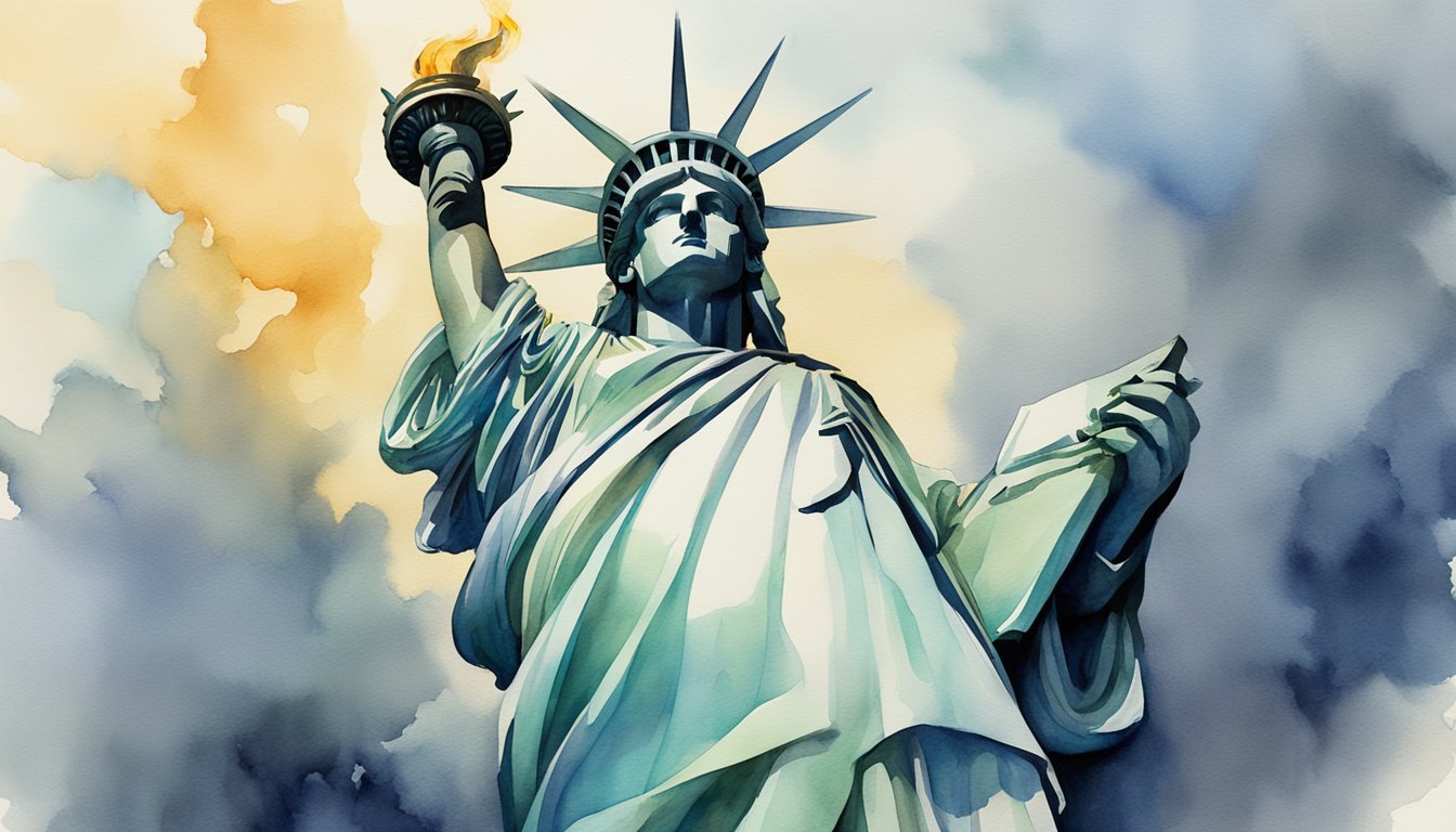 The Statue of Liberty stands tall, holding a torch and wearing a crown, with a flowing robe and a determined expression