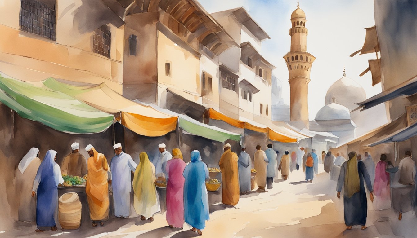 Vibrant market stalls line narrow streets, showcasing colorful textiles and pottery.</p><p>A mosque's minaret towers over the bustling city, while traditional music fills the air