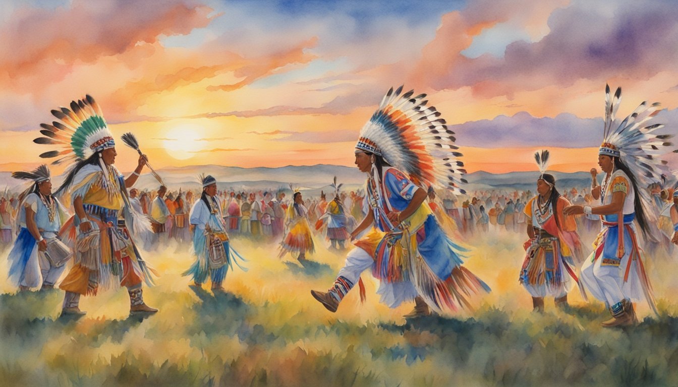 A traditional Native American powwow with dancers, drummers, and colorful regalia, set against the backdrop of Oklahoma's rolling plains and vibrant sunsets