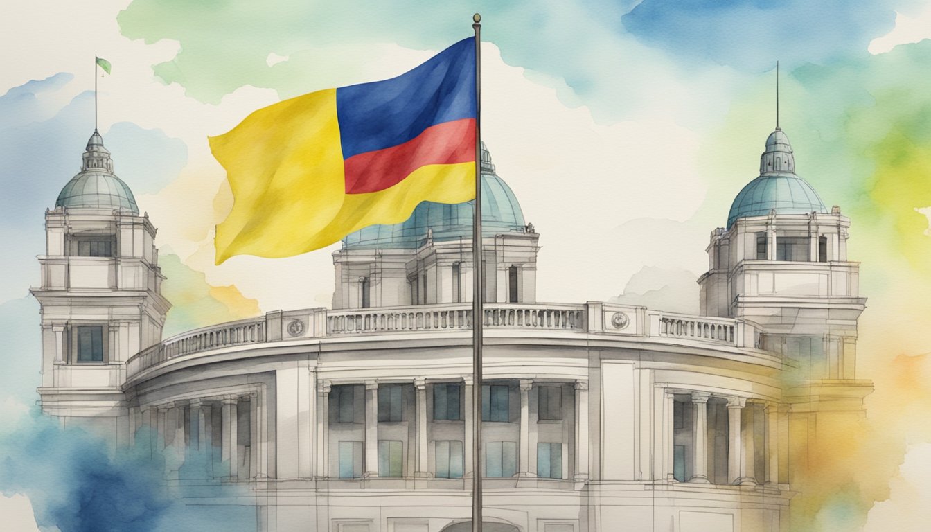 The Colombian flag waving in front of government buildings, with a graph showing economic growth in the background