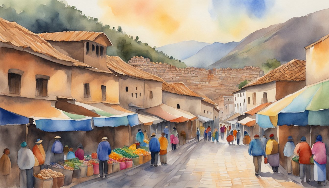 Vibrant market stalls line the cobblestone streets of Cusco, Peru, showcasing colorful textiles and traditional pottery.</p><p>A backdrop of ancient Incan ruins adds to the rich cultural tapestry