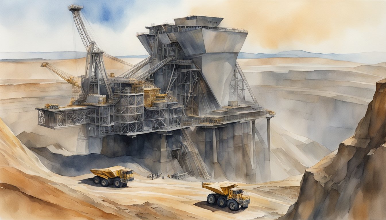 The massive Bagger 288 operates in a vast open-pit mine, towering over the surrounding landscape and devouring tons of earth with its enormous bucket wheel