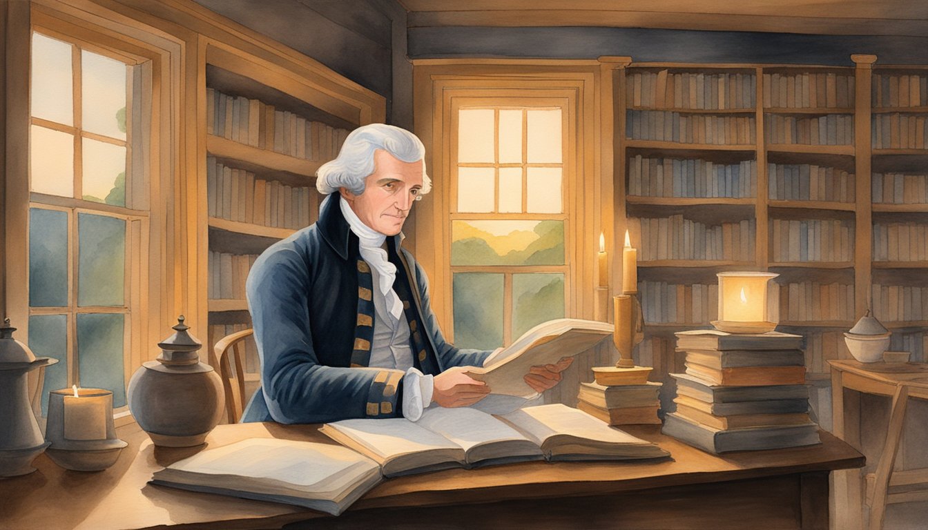 Thomas Jefferson studying books by candlelight in his family's farmhouse, surrounded by the rolling hills of Virginia