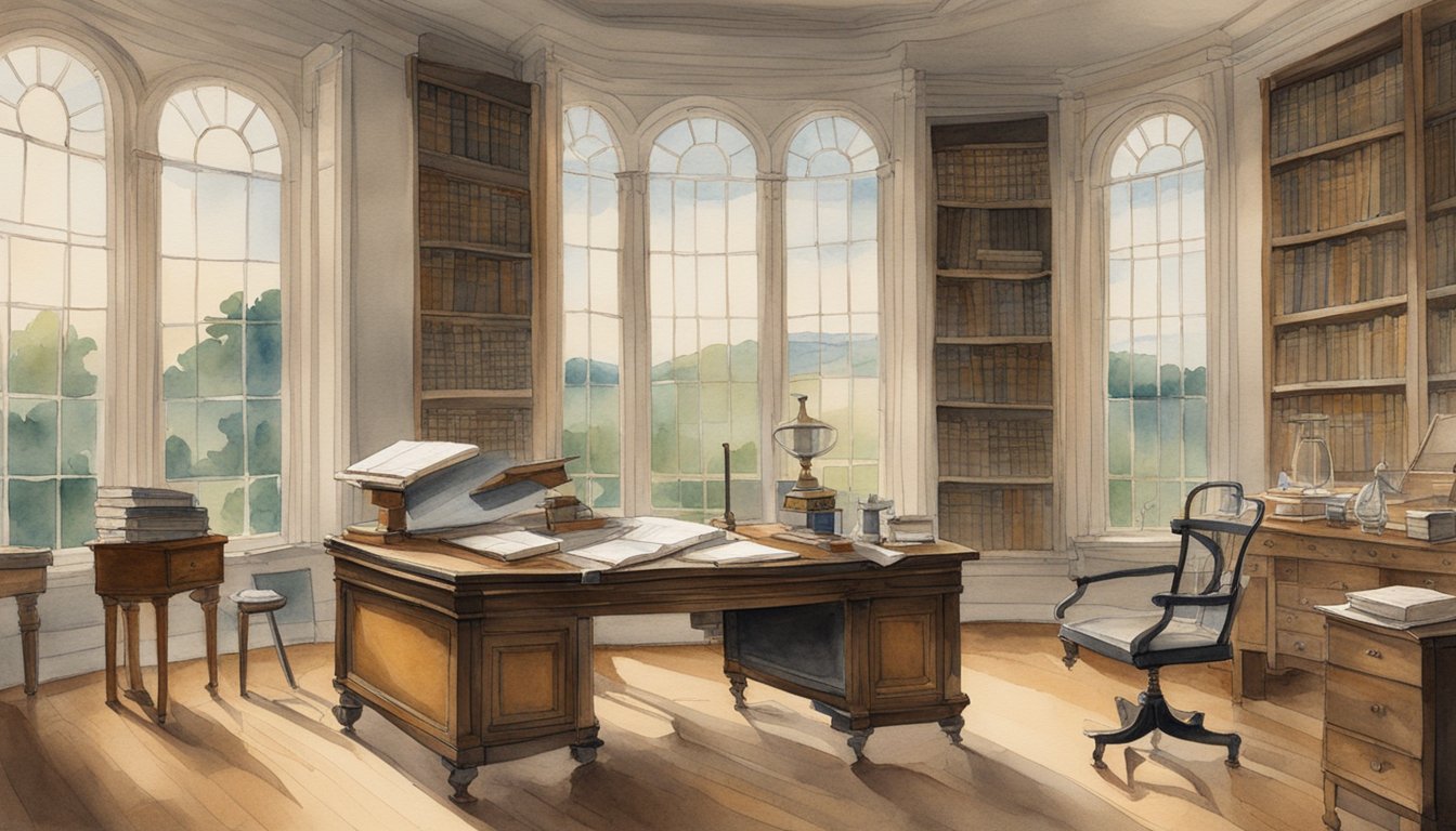 Thomas Jefferson's later life: a secluded study with books, maps, and scientific instruments.</p><p>A writing desk with quill and ink.</p><p>Peaceful countryside outside the window