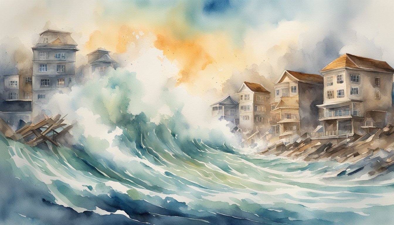 A powerful tsunami crashes into the shore, causing chaos and destruction.</p><p>Buildings are engulfed, and debris is scattered in all directions