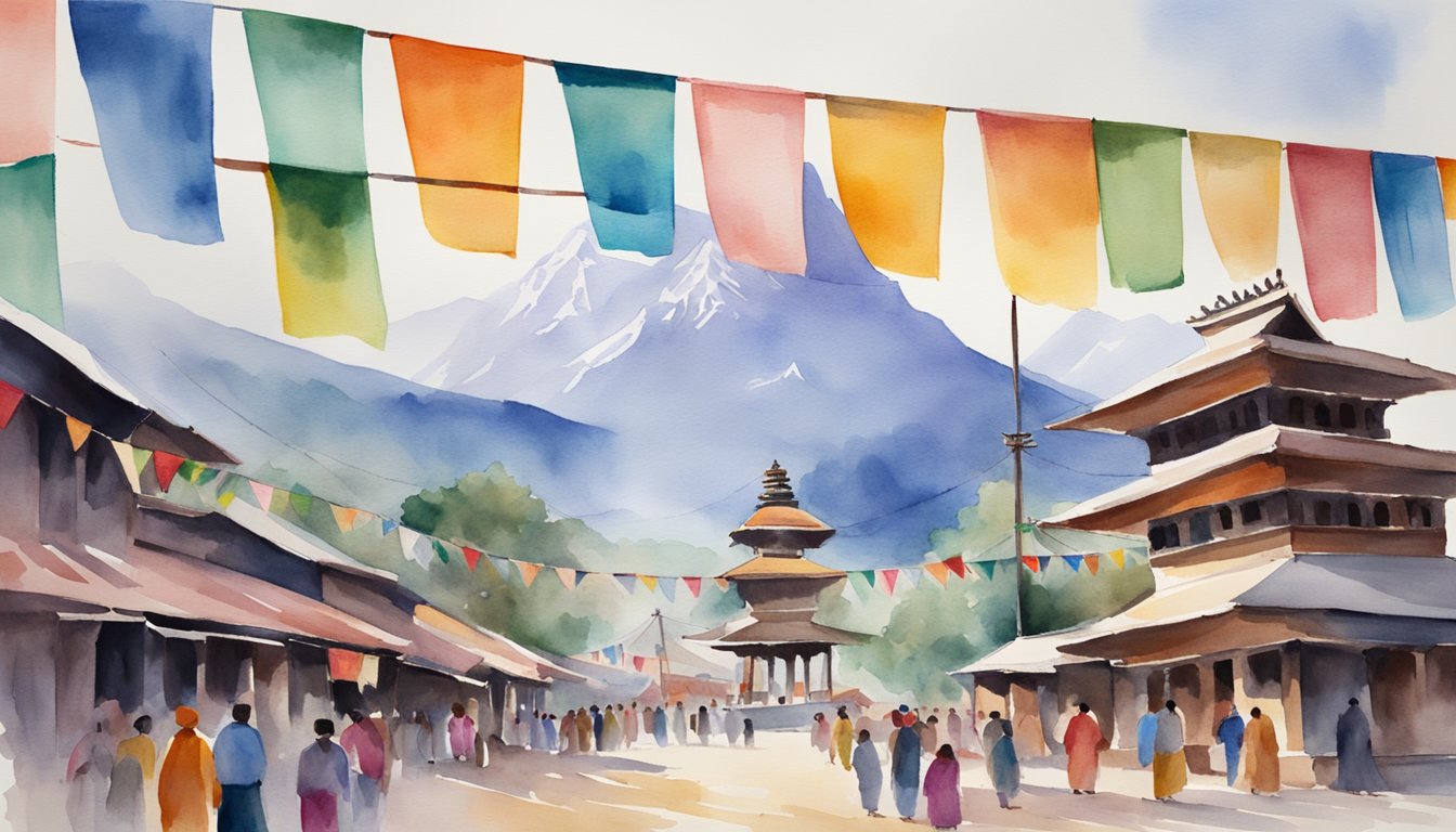 A vibrant market square with colorful flags, ancient temples, and mountains in the background, showcasing Nepal's rich cultural and political landscape