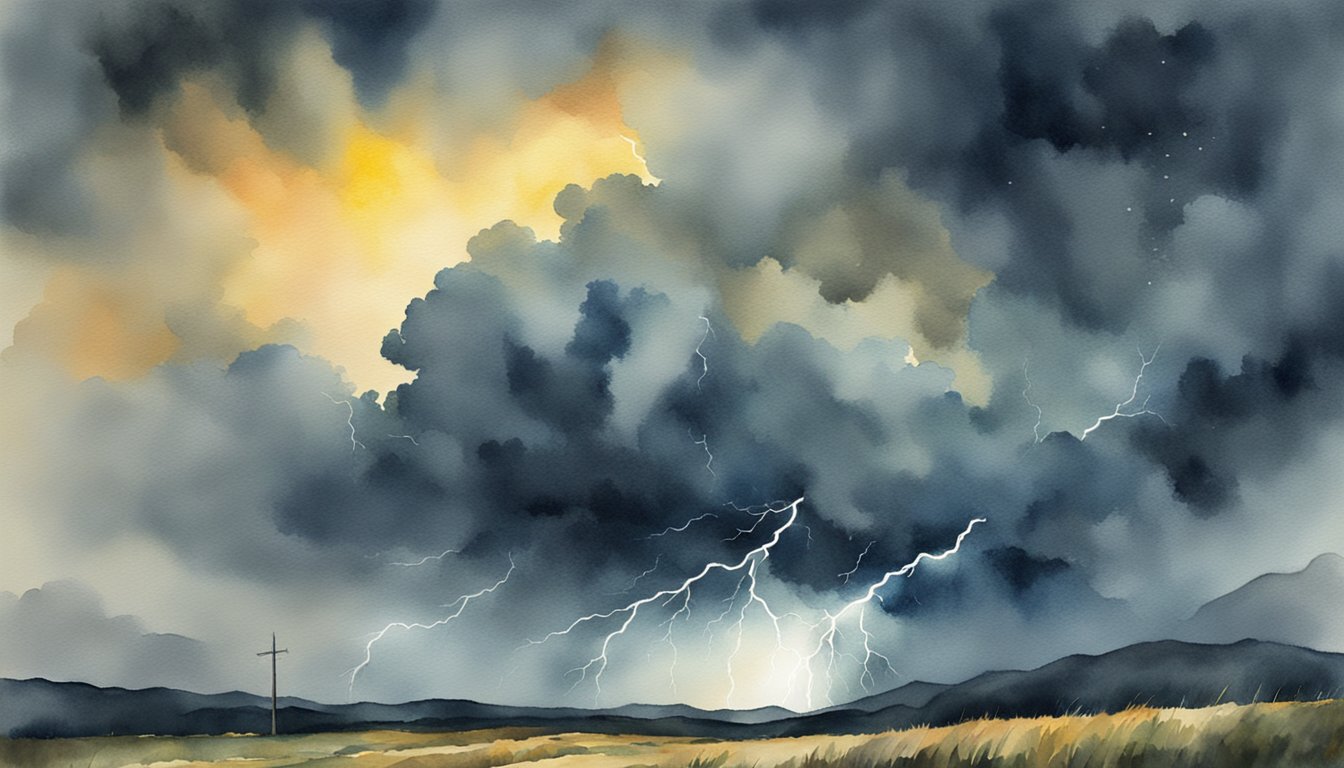 A stormy sky crackles with lightning, illuminating the dark clouds.</p><p>The bolt strikes the ground, causing a bright flash and a loud boom