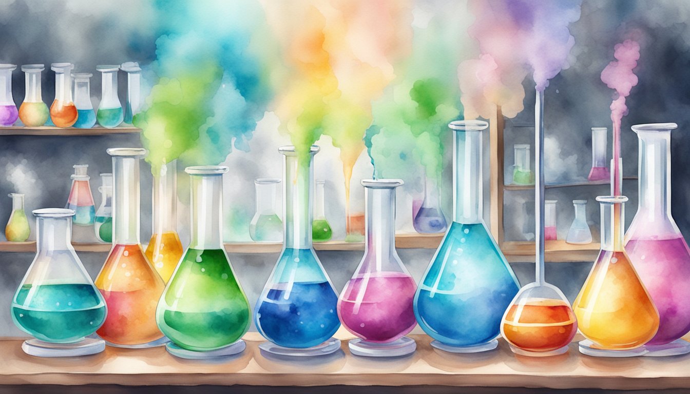 Vibrant chemicals react in glass beakers, emitting colorful gases and bubbling liquids, with scientific equipment and formulas in the background