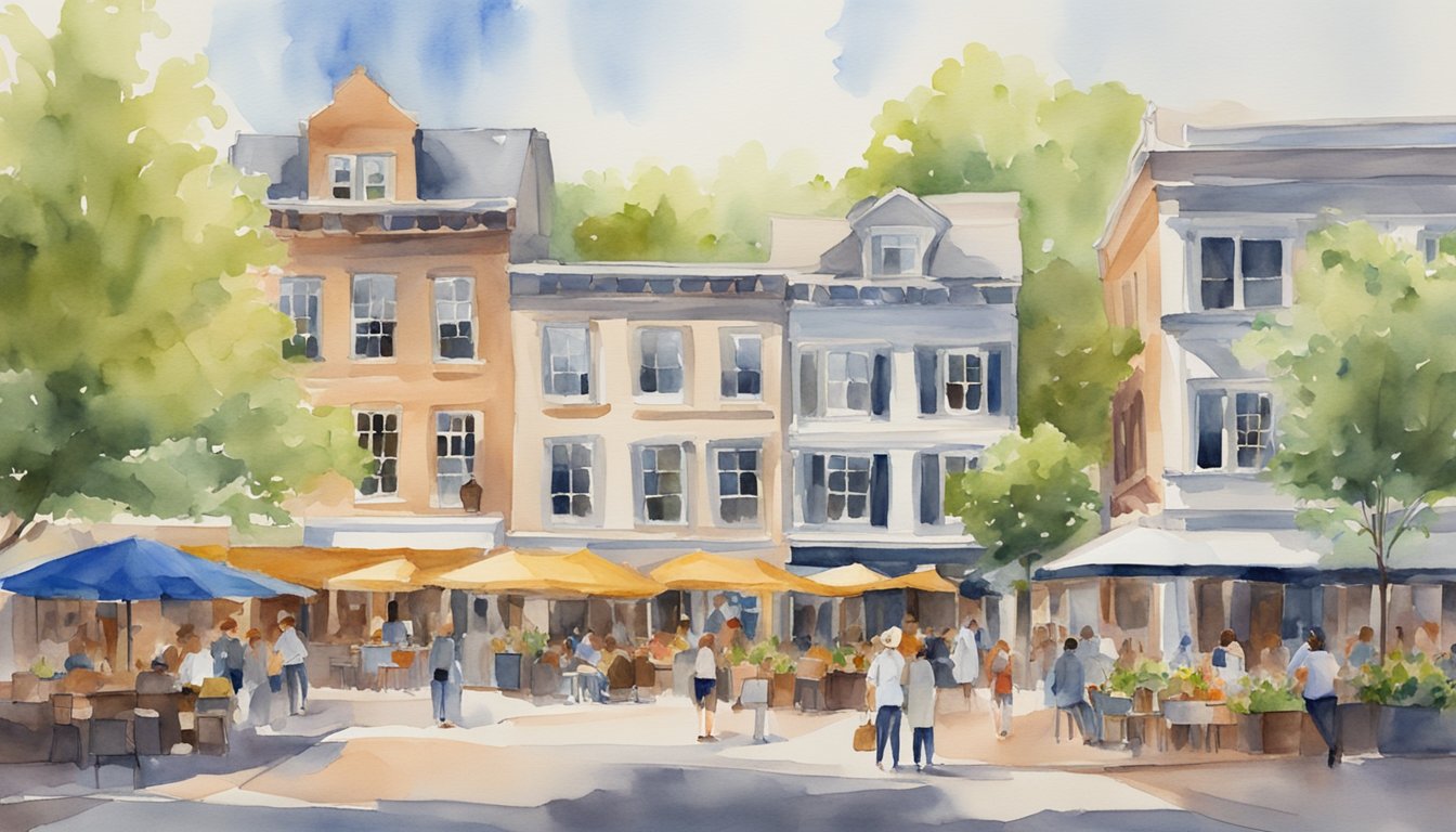 A bustling city square in Connecticut, with people enjoying outdoor cafes and browsing through local art galleries and boutiques.</p><p>A mix of modern and historic architecture adds to the vibrant atmosphere