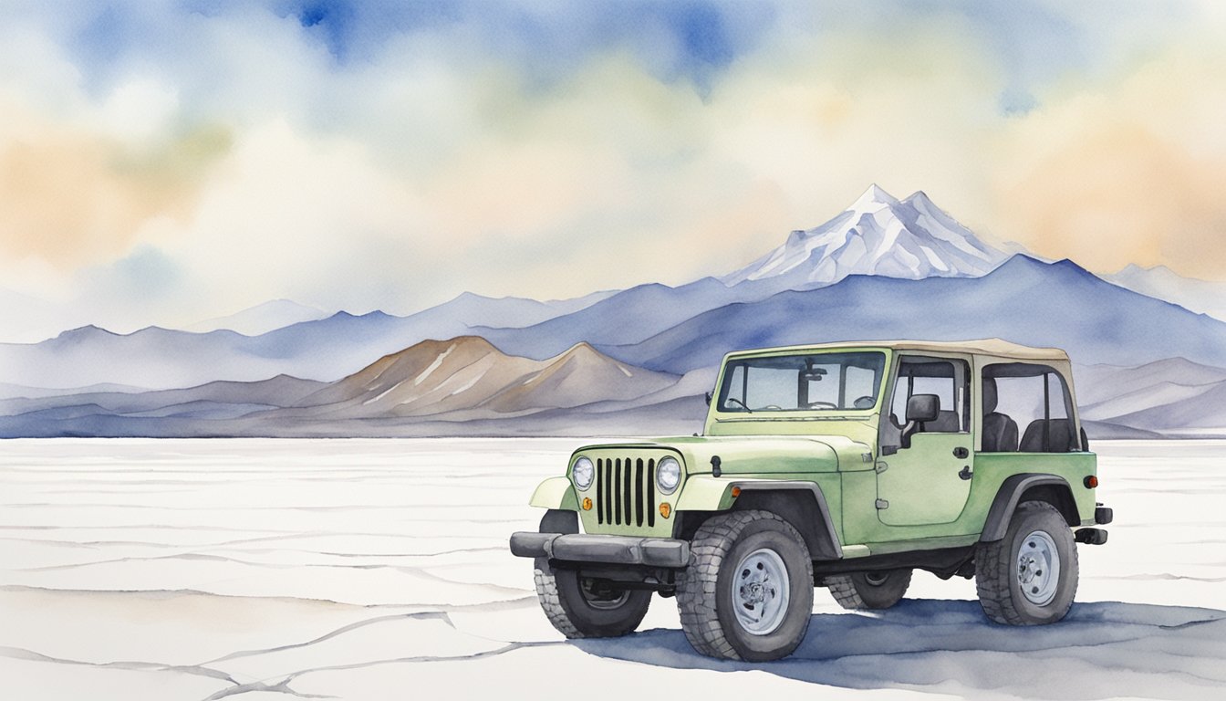 A jeep drives across the vast expanse of the Bolivia salt flats, with the distant Andes mountains towering in the background