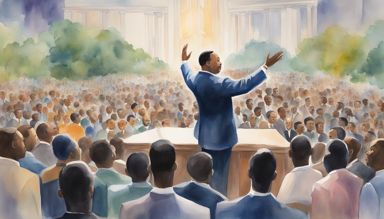 Martin Luther King Jr.'s powerful speeches inspire a diverse crowd, while his civil rights achievements are depicted in the background