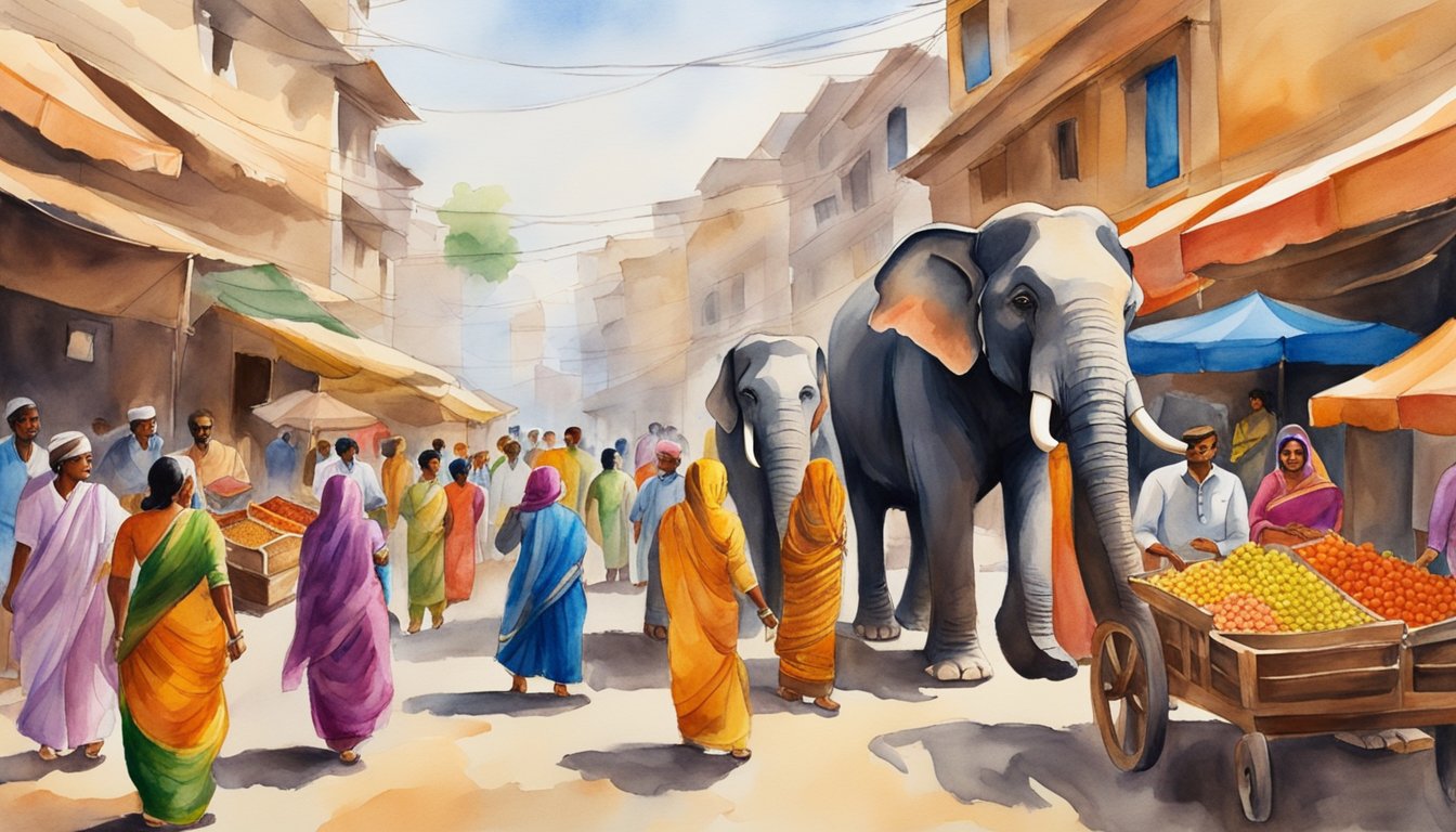 Vibrant street market with colorful textiles, spices, and traditional crafts.</p><p>Women in colorful sarees and men in kurta-pajamas haggle with vendors.</p><p>A majestic elephant adorned with intricate designs parades through the bustling city streets